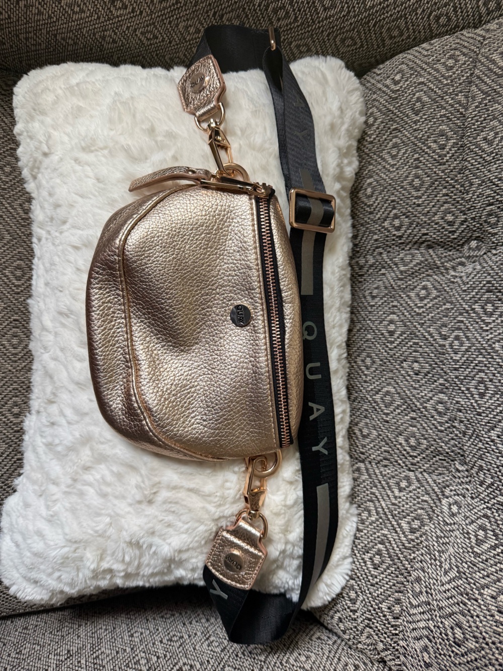 Quay Metallic Rose Gold Leather Crossbody with Branded Strap
